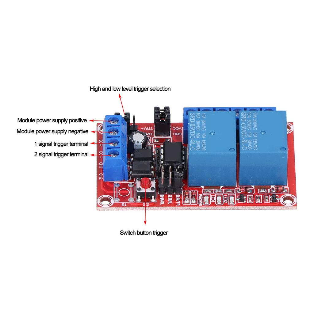 Relay Module 2 Channel Button Self Locking Interlock High Low Level Trigger with Switch Light 24V 12V 5V Relay Module