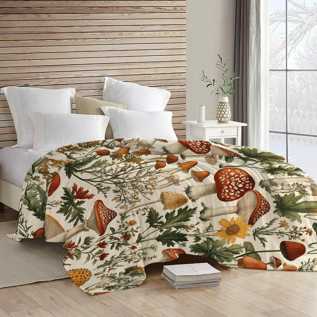 Vintage Botanical Art Red Amanita Mushroom Herb Flower Print Flannel Blanket Light Warm Throw for Couch Travel Balcony Home