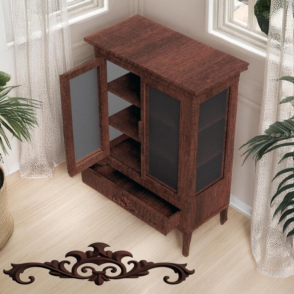 Miniature Glass Cabinet with Celebration Brown PLA 3D Handmade Handmade Wooden Furniture Lettering, Design, Sculpture, 1/6 Scale, Dollhouse, Blythe,