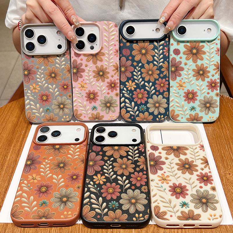 Full Screen Line Drawing Daisy Pattern Soft TPU Phone Cover For iPhone 17 Pro Max Air 16e 15 14 13 Shockproof Case with Leather Texture Design