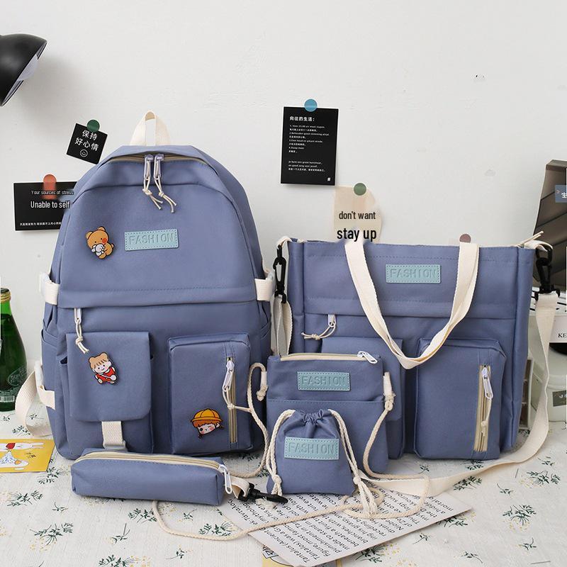 

Korean Style Contrast Color Canvas Backpack Set for Female Students - Five-Piece Double Shoulder Bag for Campus