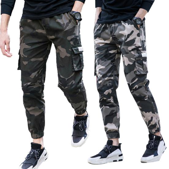 Camo Men Thin Multi-Pocket Ankle Tie Elastic Waist Straight Cargo Pants Trousers