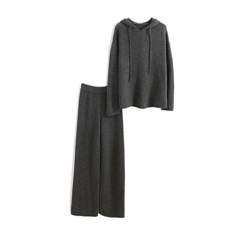 Koreanischer Stil Herbst/Winter 2025 Damen Kapuzen-Strickpullover & Weitbeinige Hosen Set