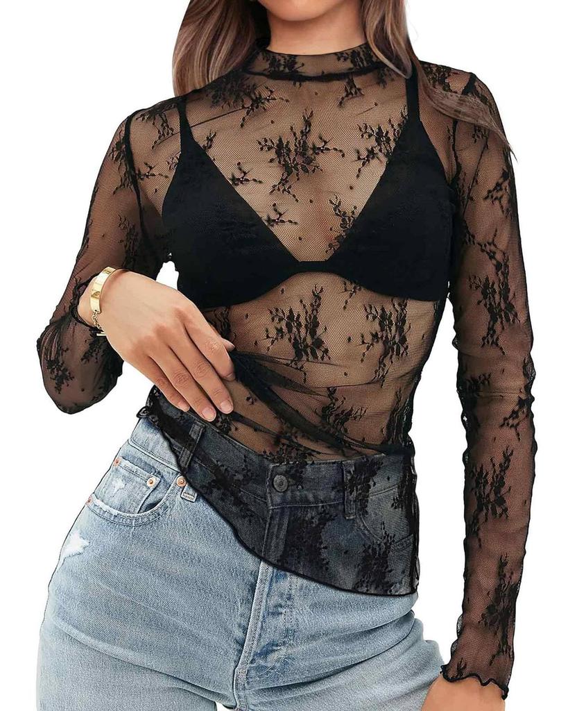 Neues Damen Halbhoher Kragen Durchsichtig Langarm T-Shirt und Sexy Tüll Top