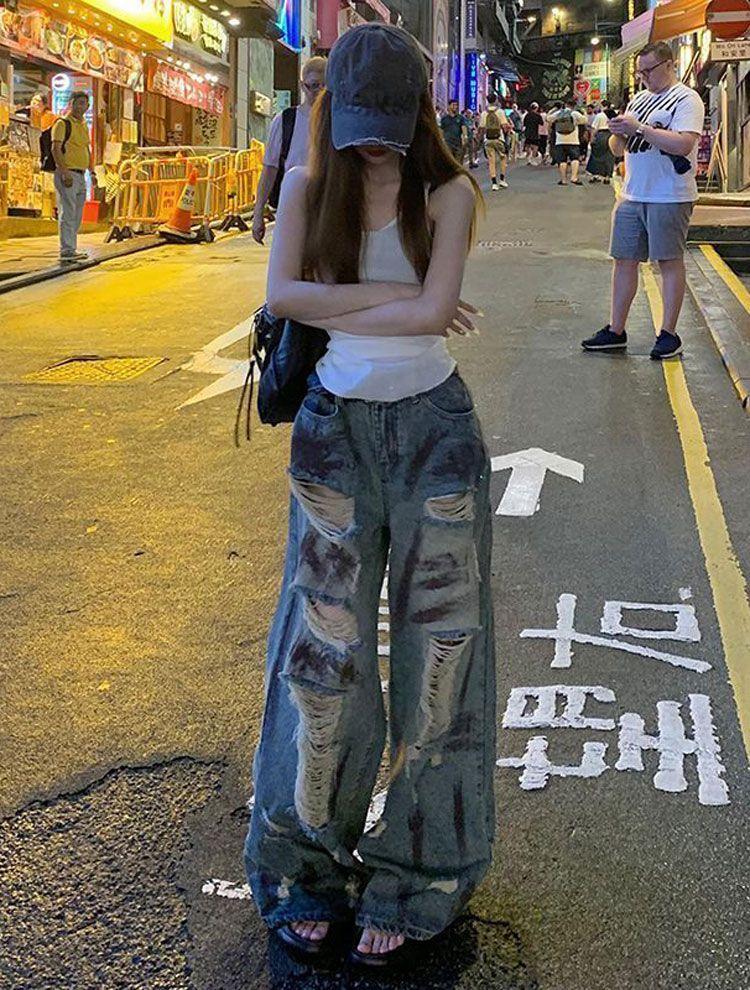Denim Trousers Women's Vintage Tie-dye Waste Land Wind Wide-legged Hole-breaking Denim Jeans Washed Drapey Draining Trailing Straight Trousers