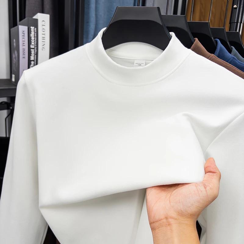 Men's Casual Solid Color High Collar Velvet Long Sleeve T-shirt Spring and Autumn Versatile Comfortable Top