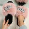 Autumn and winter new long-haired dopamine color bright diamond texture flower large size fluffy slippers