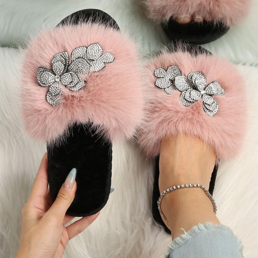 Autumn and winter new long-haired dopamine color bright diamond texture flower large size fluffy slippers