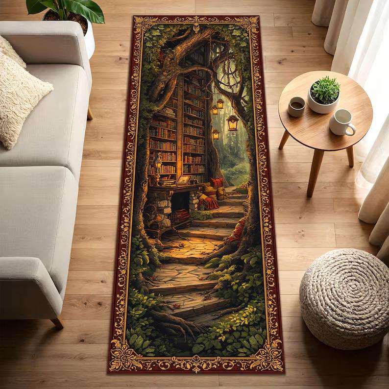 Verzauberter Wald Bibliothek Läufer Teppich Retro Cottagecore Bücherwurm Dekor Matte Rutschfeste Bodendekoration für Eingangsbereich Wohnzimmer Schlafzimmer
