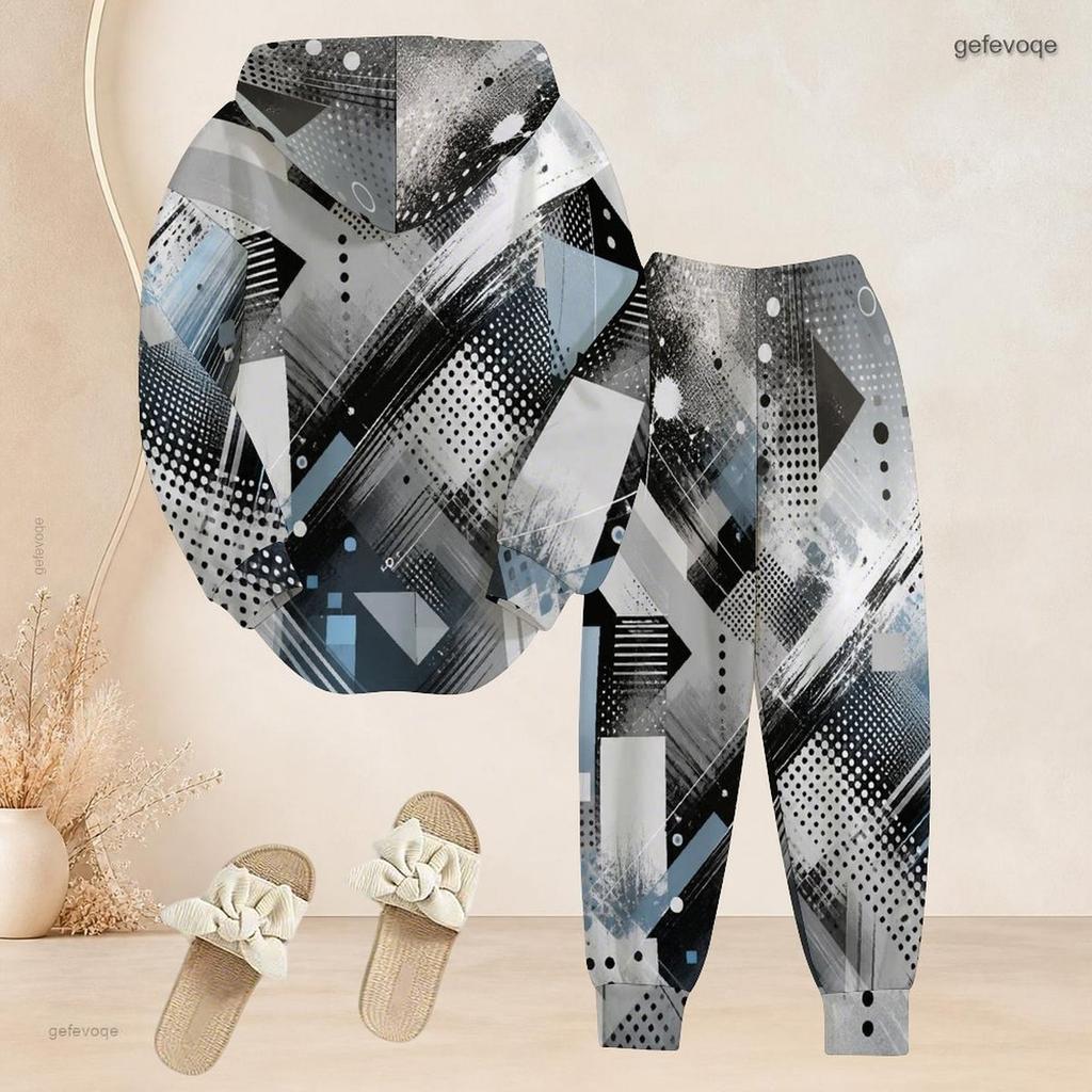 Women Plus Size Two Piece Outfit Long Sleeve Hooded Printed Top Cuffed Pants Black Grey Blue