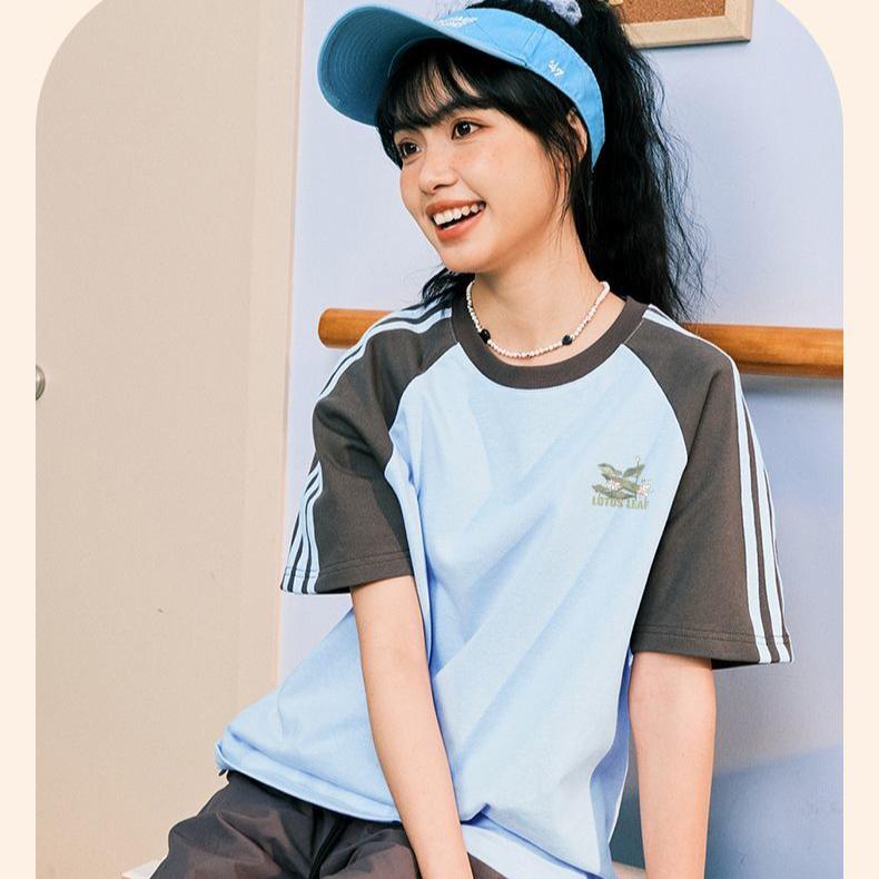 Women Summer Loose Cotton Tshirt Chinese Style Contrast Color Short Sleeve Tops