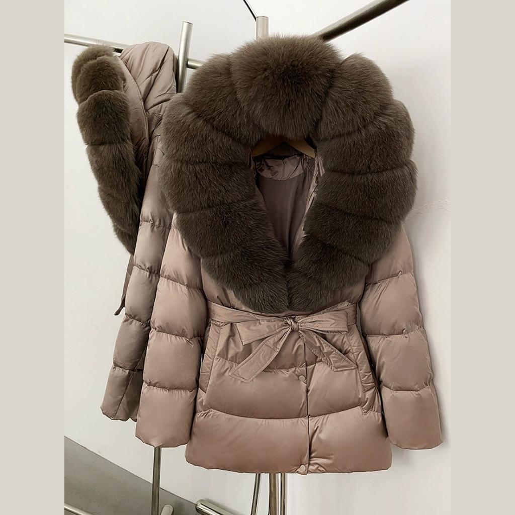 Winter Fox Big Fur Collar High-end Thickened Down Jacket Women's Mid-length Waist Imitation Leather Jacket