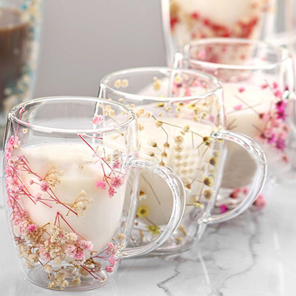 Gypsophila Dried Flowers Glass Mugs Heat Resistant Flower Cup Double Wall Glass Cup  Home&Office