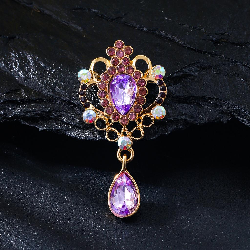 High-end Light Luxury Palace Style Card Glass Rhinestone Water Drop Pendant Brooch Simple and Versatile Clothing Jewelry Pin Female