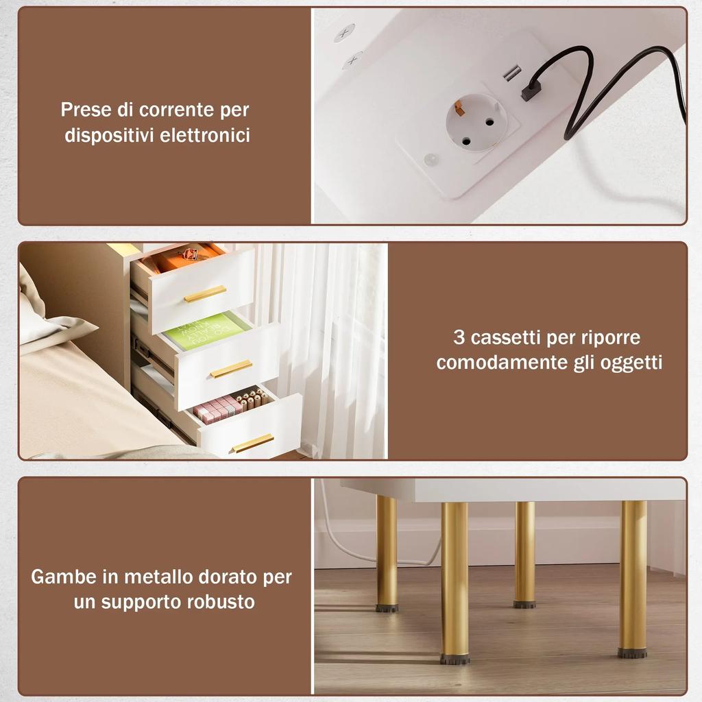 3 Drawer Bedside Table Adjustable Bluetooth Light Strip Floor Mount Wood Bedside Cabinet with Charging Station for Home EUPlug