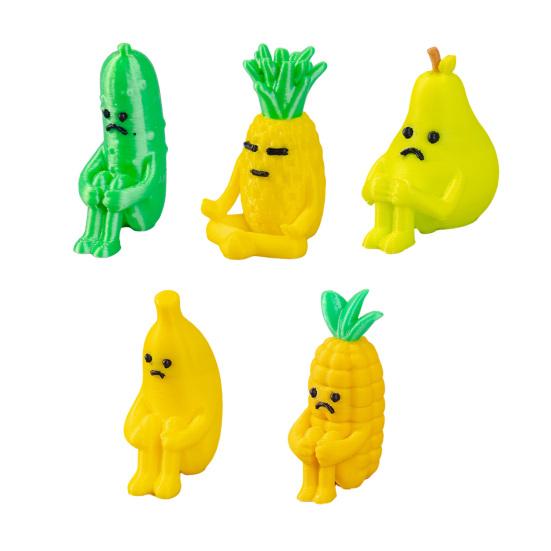 Mini Resin Fruit Figurine Fake Banana Pineapple Cucumber Pear Cone Fruit Model with Cute Grievance Expression for Micro Fairy Garden Accessory