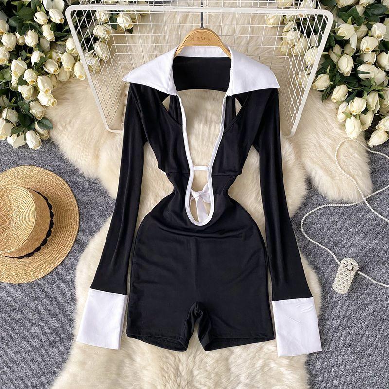 

European and American Sexy Sexy Sneaky Design Jumpsuit Women s Cut Out Design Contrast Color Lapels Silm Slim Looking Long Sleeve Jumpsuit Black L