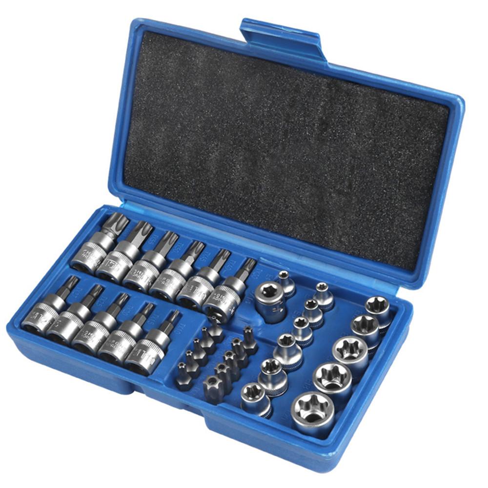 34pcs Torx Bit Socket and E-Torx Star Socket Set 1/4" 3/8" 1/2" Drive Male Female E-torx Security Bits Handheld Tool