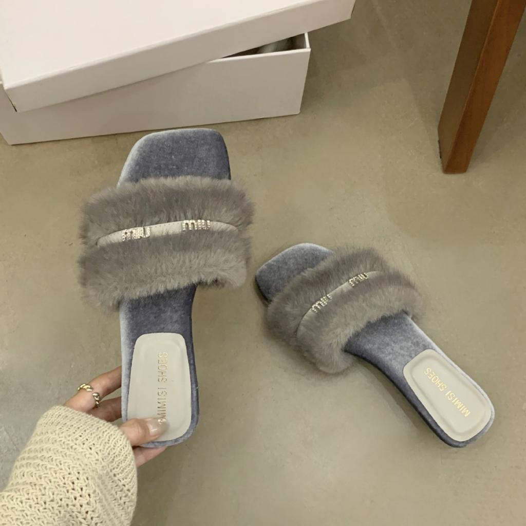 French Retro Flats Women Wear Gray Small Fragrant Style Word with Lazy Fluffy Half Slippers Internet Celebrity Ins