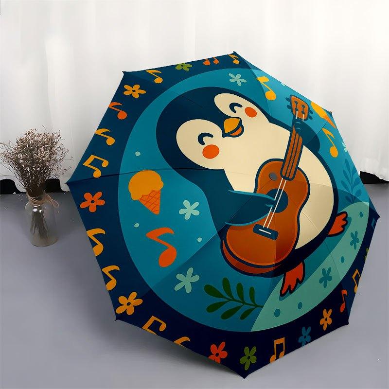 Happy Penguin Playing Guitar Sticker Umbrella, Cute Umbrella with Cute Design, Portable 3-Fold Compact Umbrella for Men & Women, Valentine's Day Mothe
