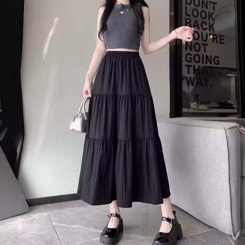 

Beige A-Line Puffy Cake Skirt for Petite Women - Summer Mid-Length with Elastic High Waist S чорний