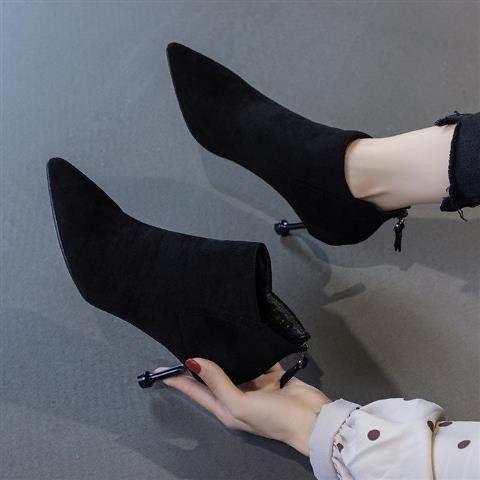 Pointed thin heel medium heel short boots new spring and summer nude high heel versatile thin short suede bare boots
