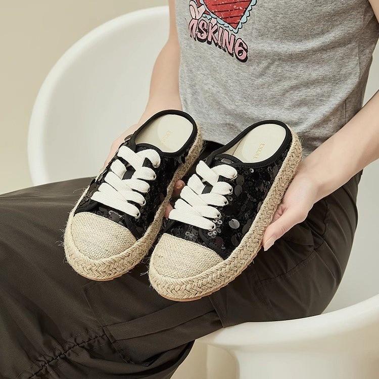 

Женские туфли баотоу с серебристыми пайетками, летние новые, в стиле ретро, модные, из соломенной веревки, туфли рыбака, повседневные кеды 40 чёрный
