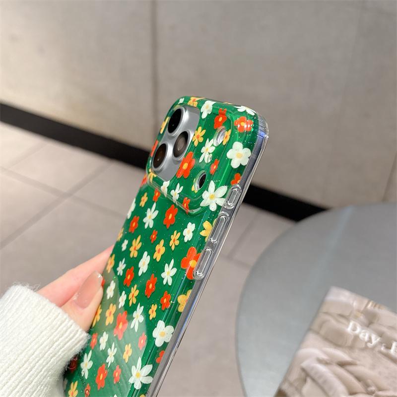 Green Floral Glitter Phone Case For iPhone 17 16 15 14 Pro Max Spring Garden Aesthetic Cute Flower Protective Cover