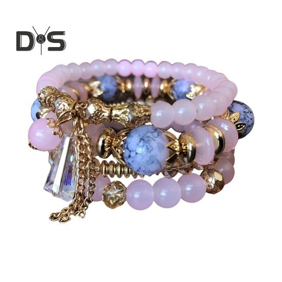 

5 шт. Женские браслеты из искусственного кристалла, гладкие, с несколькими подвесками, в стиле ретро-богем с эластичным шнуром, многослойный набор браслетов розовый