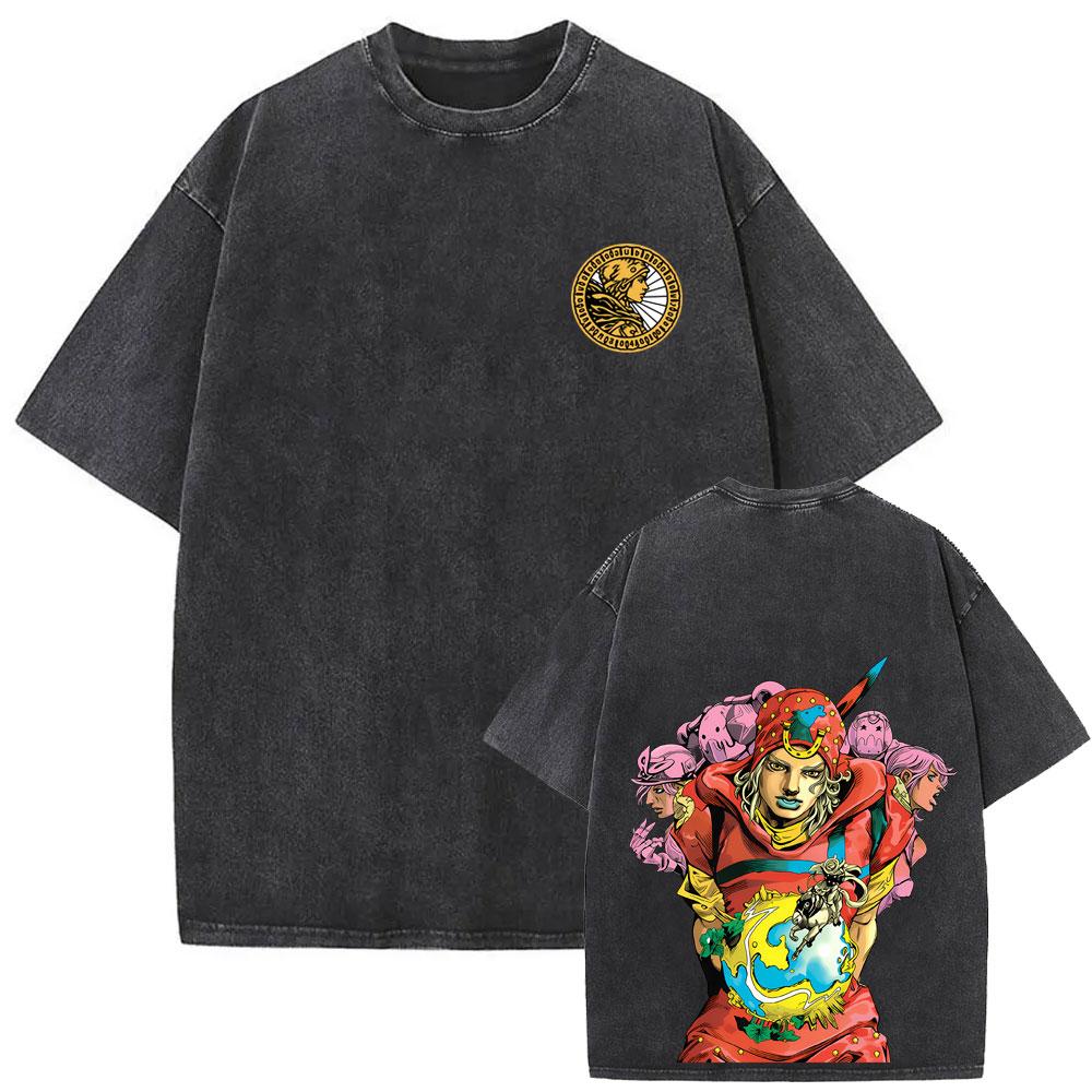 Washed Vintage Anime Jojo Bizarre Adventure Steel Ball Run Diego Brando Graphic Tshirt Men Women Manga Retro Oversized T Shirts