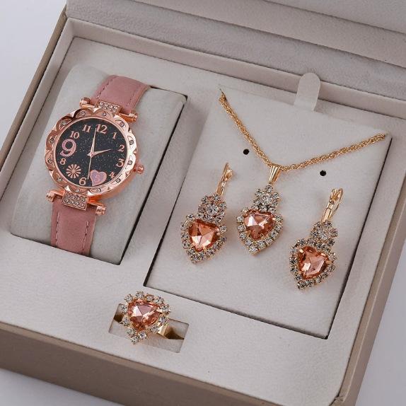 European And American New Crystal Love Jewelry Fashion Temperament Peach Heart Necklace Earrings Ring Bracelet Four-Piece Set