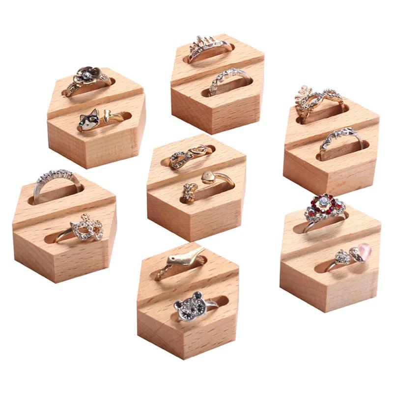 Box Two-Tier Holder Stand For Jewelry Showcase Anti-Slip Base Geometric Design Ring Display Stand Wooden Rings Holder Geometric