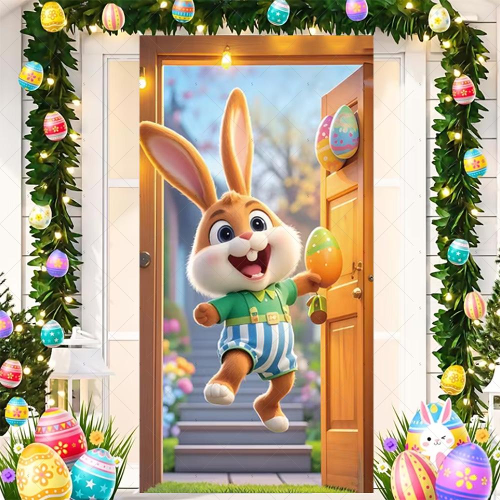 Happy Easter Cute Bunny Door Cover Backdrop Spring Garden Floral Easter Egg Background Easter Party Decoration Photo Shoot Props