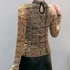 Spring Autumn European Leopard Clothes T-Shirt Elegant Women Stand Neck Shiny Hot Diamonds Tops Fashion Long Sleeve Slim Mesh Tees