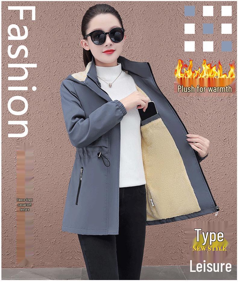 Women's Mid-length Hooded Windproof Fleece-Lined Jacket - Autumn/Winter 2025 Style