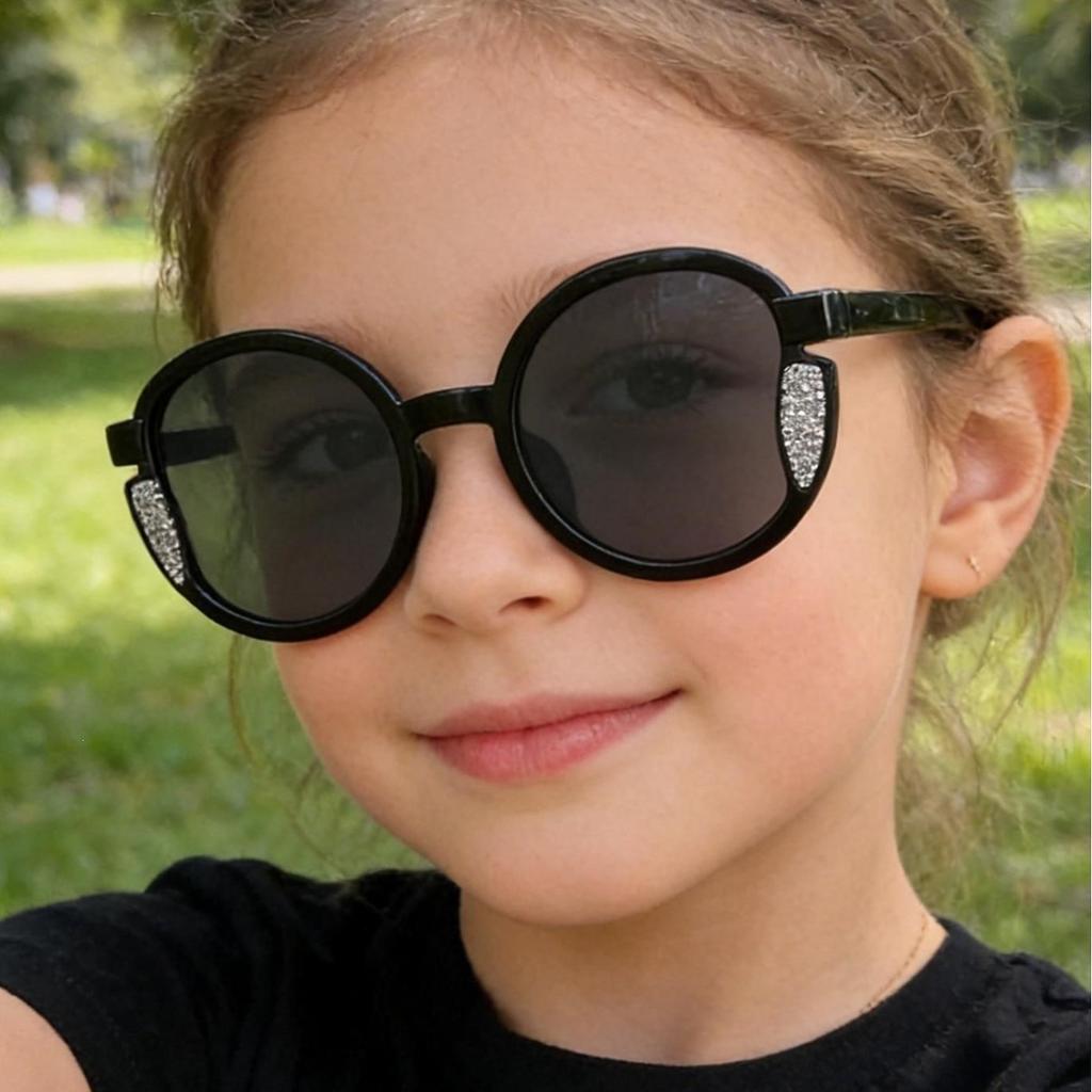 Children's glitter round frame sunglasses, baby anti-UV sunglasses, girls' fashion street sunshades