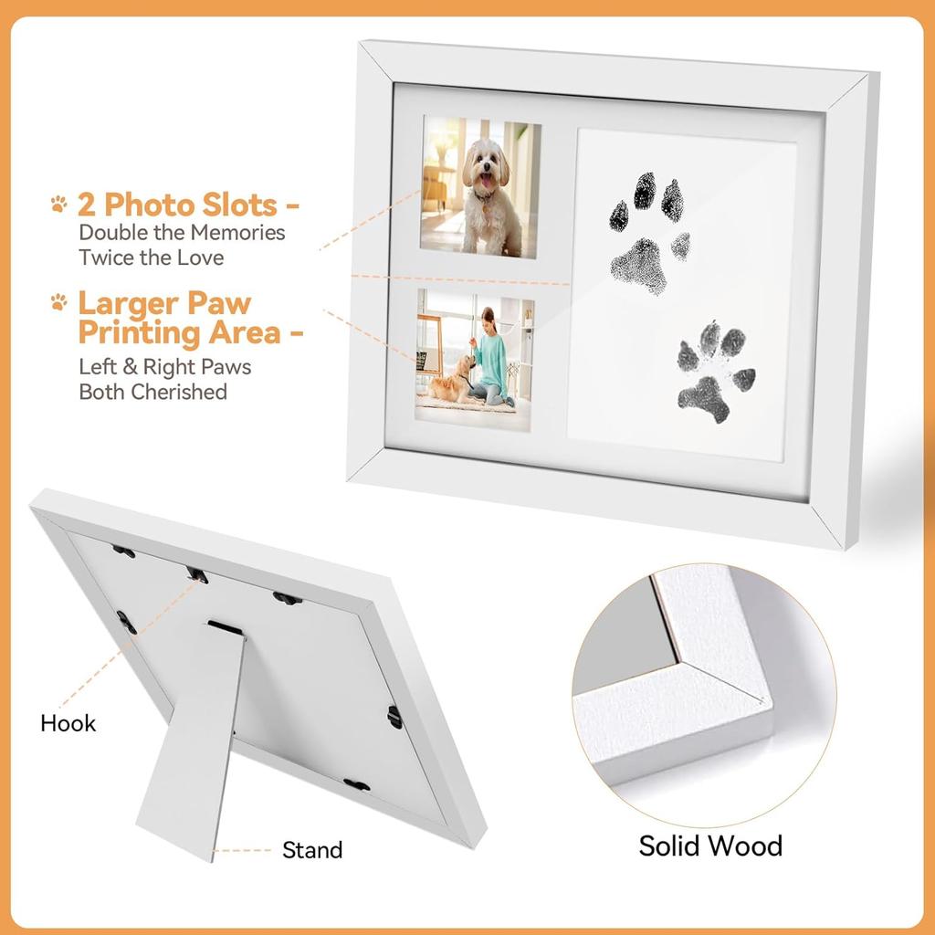 Paw Print Kit for Dogs & Cats, Pet Paw Impression Gift Set with 2 Inkless Pads and Reversible Stand/Wall-Mount Frame (White)
