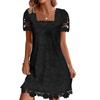 Women Square Neck Lace Mini Dress Floral Hollow Out Short Sleeve Loose Fit Elegant Dress for Summer Spring Autumn
