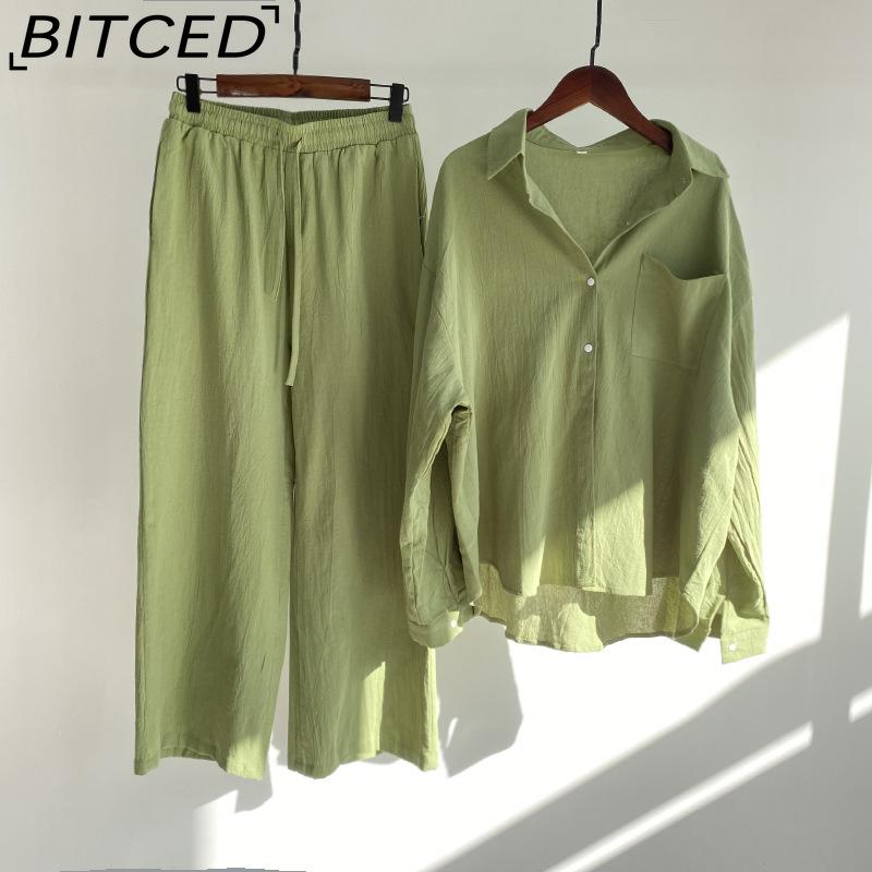 BITCED Women's 2-piece Vintage Plus-size Cotton and Linen Shirt Set High-waisted Loose Trousers