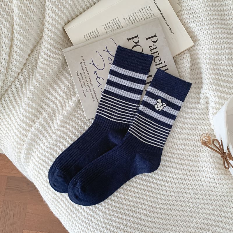 Autumn and Winter Striped Embroidered Puppy Cartoon Mid-calf Socks for Girls