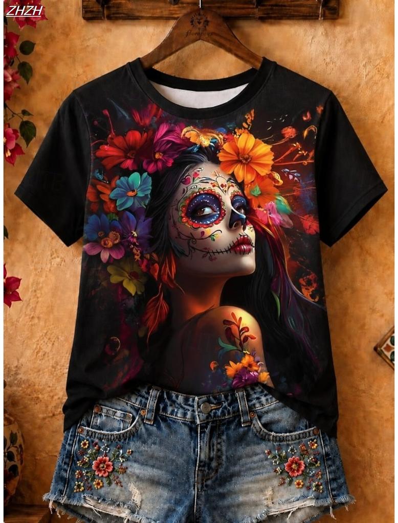 Halloween Women'sT Shirt Print Floral Graphic Skull Vintage Stylish Classic Short Sleeve Crew Neck Regular Tops Casual Daily