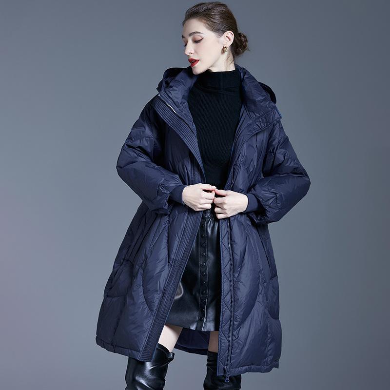Autumn and winter fashion quality cold and warm loose temperament versatile simple medium and long hooded down jacket women