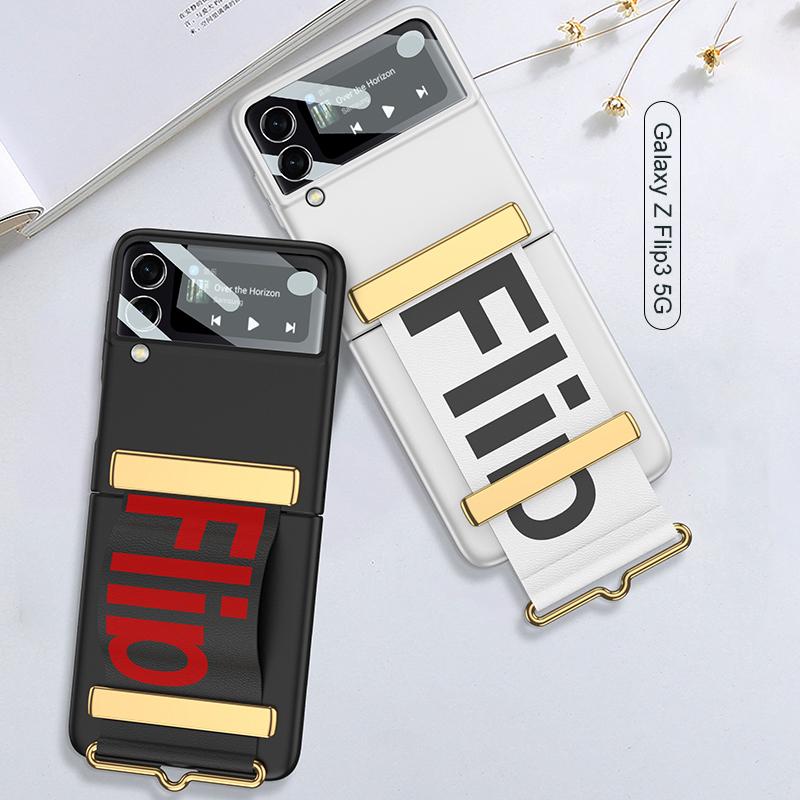 Case For Z Flip3 With Strap Len Camera Glass Protection Case For Samsung Galaxy Z Flip3 5g Case Wristband Plastic Pc Back Cover
