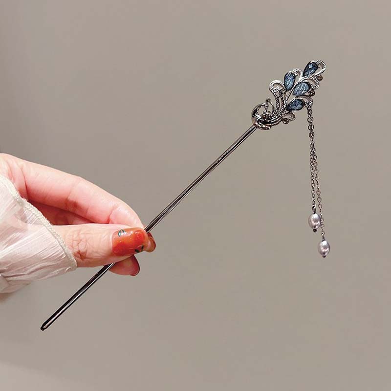 

Заколка для волос в китайском стиле с кисточкой в виде цветка из туши для женщин, для девушек, винтажная, металлическая, с черными бусинами, с бахромой, зажим для волос, украшение для волос для ханьфу