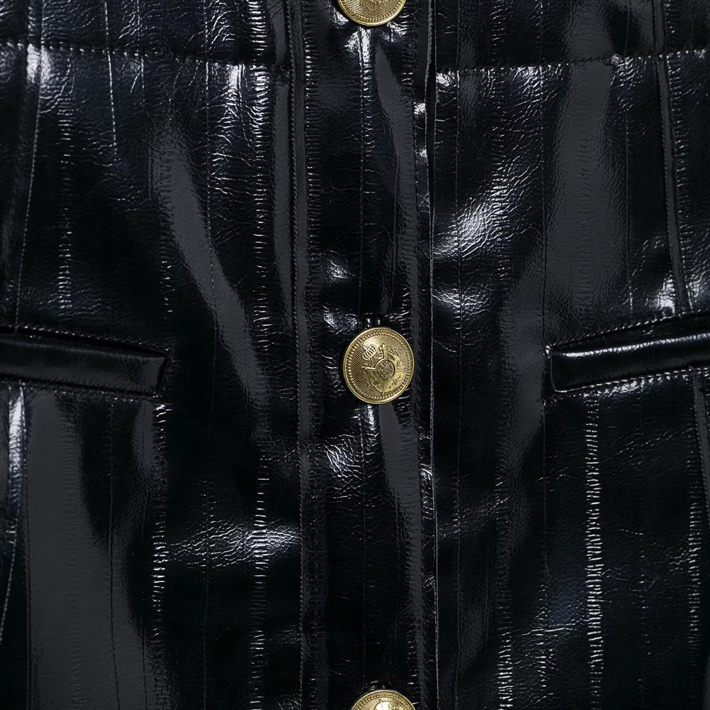 2025 Spring Women's Slim Fit A-Line High Waist Shiny Faux Leather Single-Breasted Decorative Short Skirt
