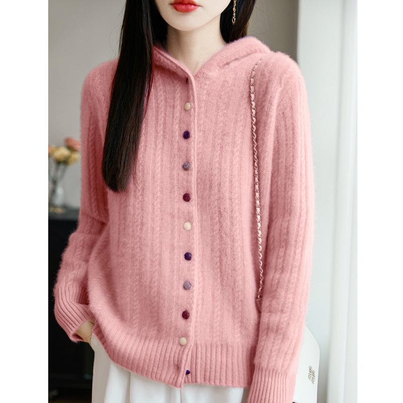 Women's Thickened Hooded Wool Cardigan: Autumn/Winter Simple Casual Cable Knit Sweater Coat