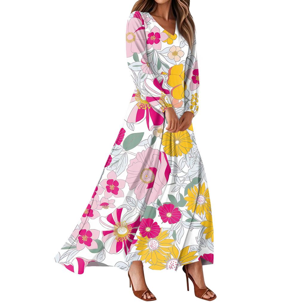 Dámské letní šaty Ležérní šaty maxi s dlouhým rukávem Roztomilé květinové šaty maxi Šaty pro svatebního hosta Vzdušné šaty