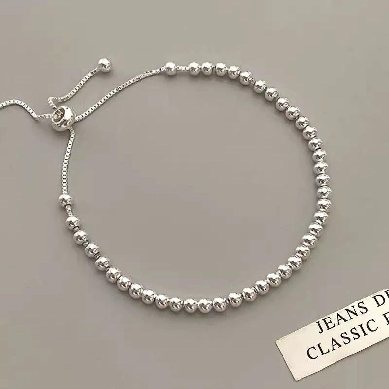 

100% Solid 925 Sterling Silver Metal Bracelets for Women Men Beads Adjustable Handmade Simple Bracelet Birthday Christmas Gifts