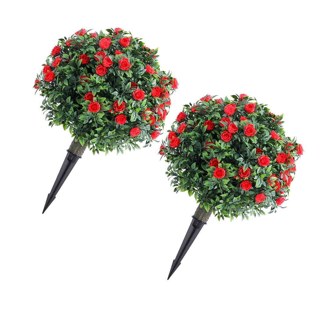 Artificial Rose Topiary Ball Tree 17.7 Inch PE Fake Plant Faux Greenery Shrub Bush with Ground Spike for Garden Porch