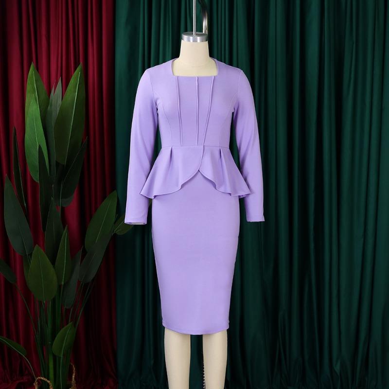 Übergröße Damen Elegantes Langarm-Quadratischer Ausschnitt Hohe Taille Bleistift-Midi-Kleid